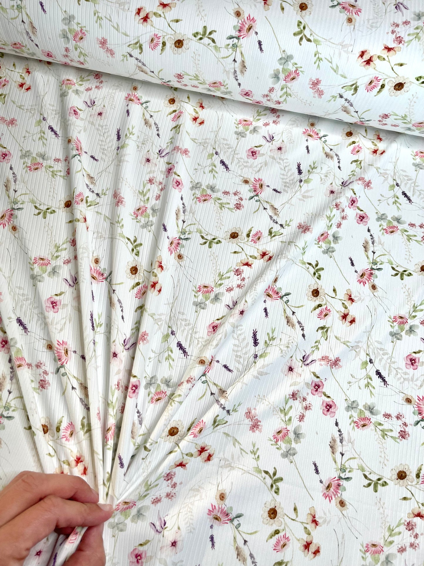 Robynn Floral in White on Unbrushed Rib Knit, Sold by the Half Yard