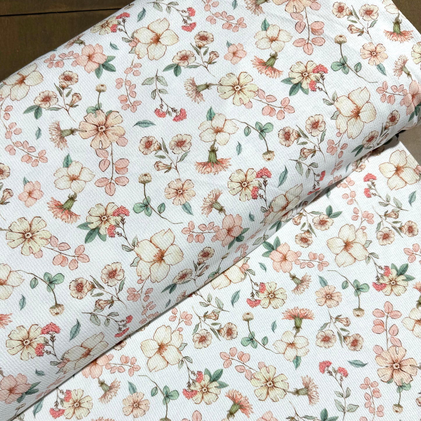 Annaleise Floral in White on Pebble Stone Knit, Sold by the Half Yard