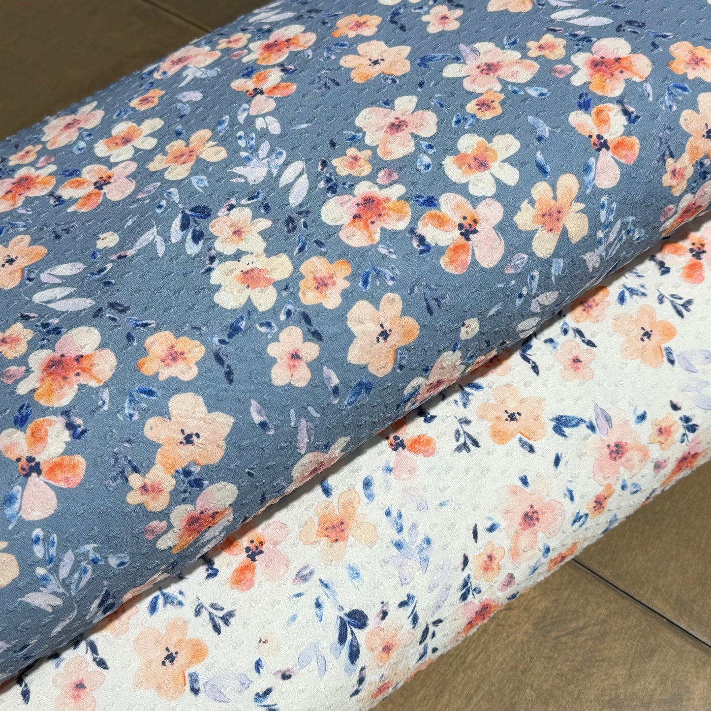 Lottie Floral in Blue on Swiss Dot Knit, Sold by the Half Yard