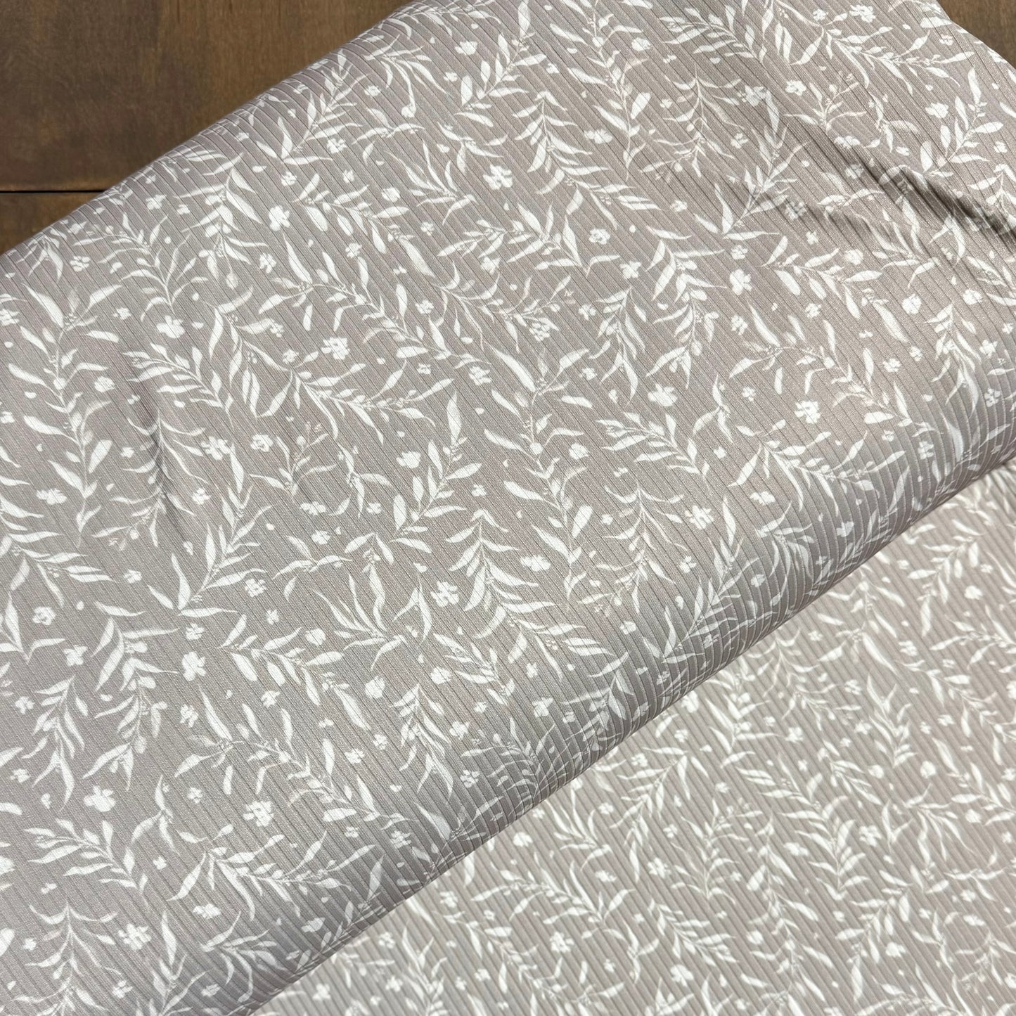 Leafy Branch Toss in Sage Green on Unbrushed Rib Knit, Sold by the Half Yard