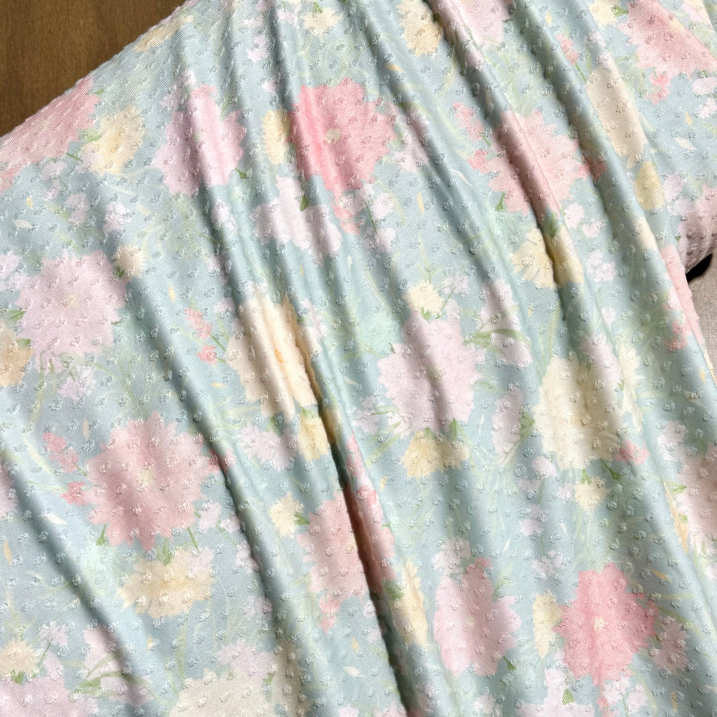 Elizabeth Floral in Light Blue on Swiss Dot Knit, Sold by the Half Yard