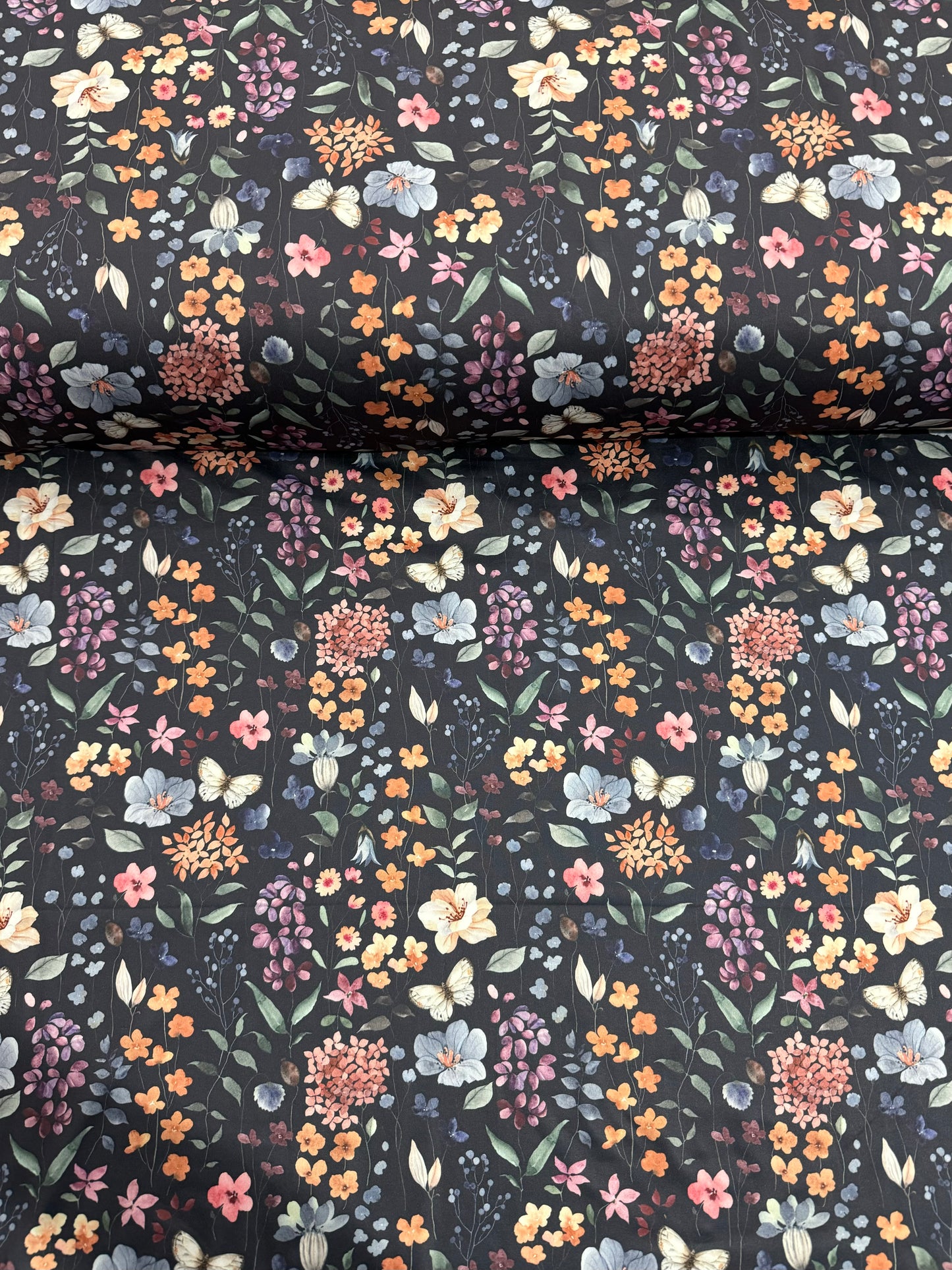 Butterfly Floral on Athletic Knit, Sold by the Half Yard