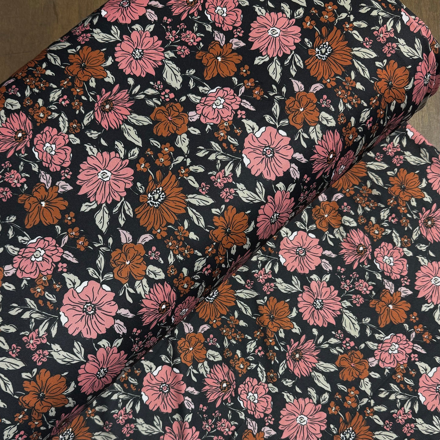 Boho Autumn Floral in Charcoal on Eureka Jersey Knit, Sold by the Half Yard