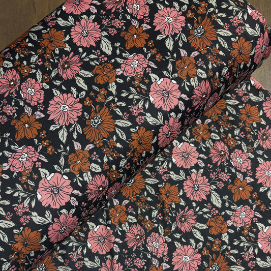 Boho Autumn Floral in Charcoal on Eureka Jersey Knit, Sold by the Half Yard
