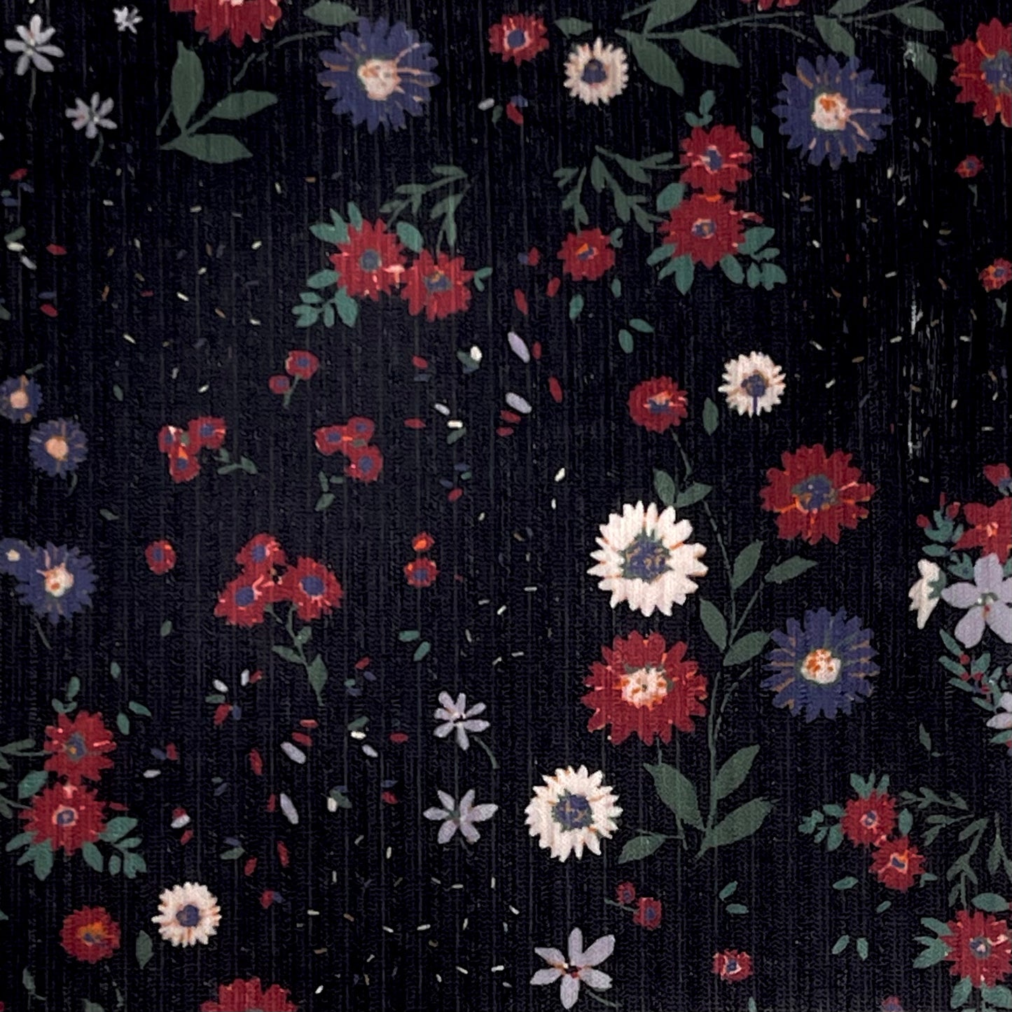 Yara Floral in Black on Unbrushed Rib Knit, Sold by the Half Yard