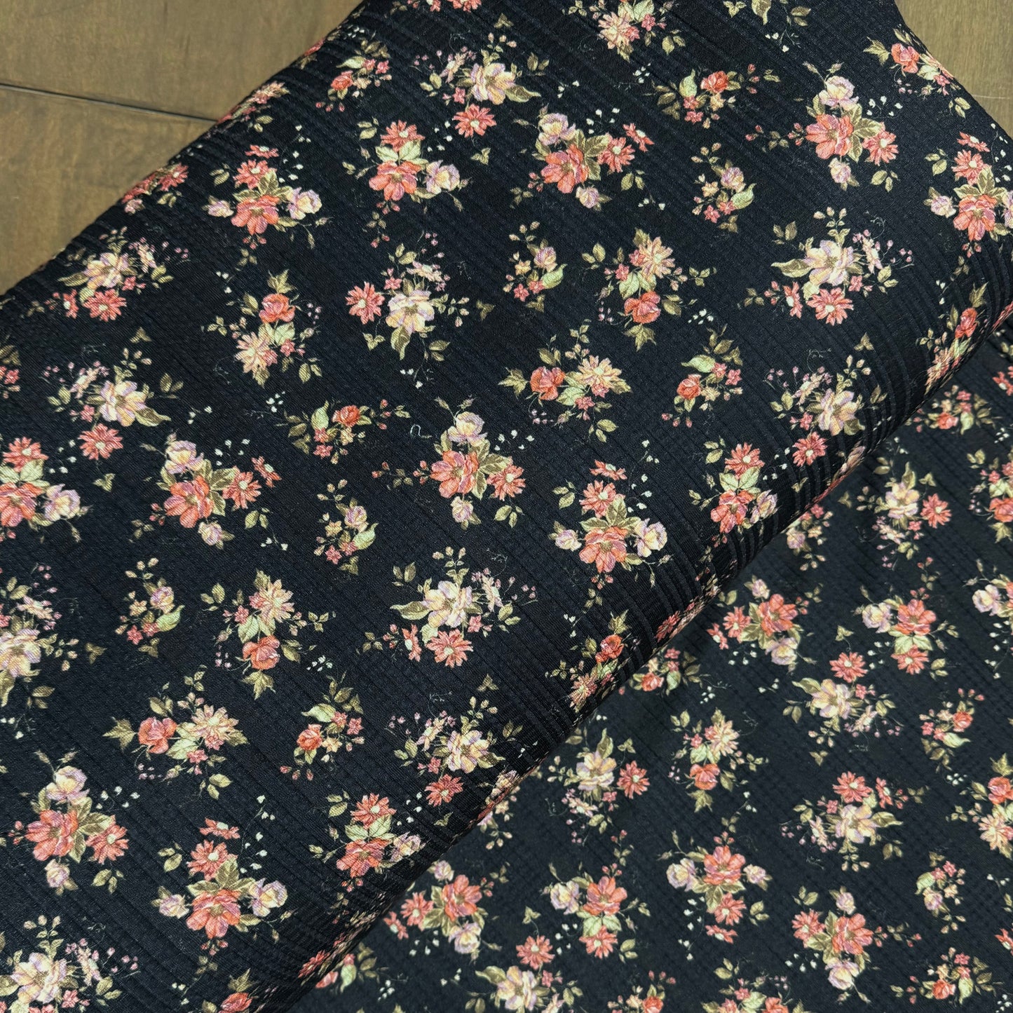 Jane Vintage Floral in Charcoal on Summer Breeze Knit, Sold by the Half Yard