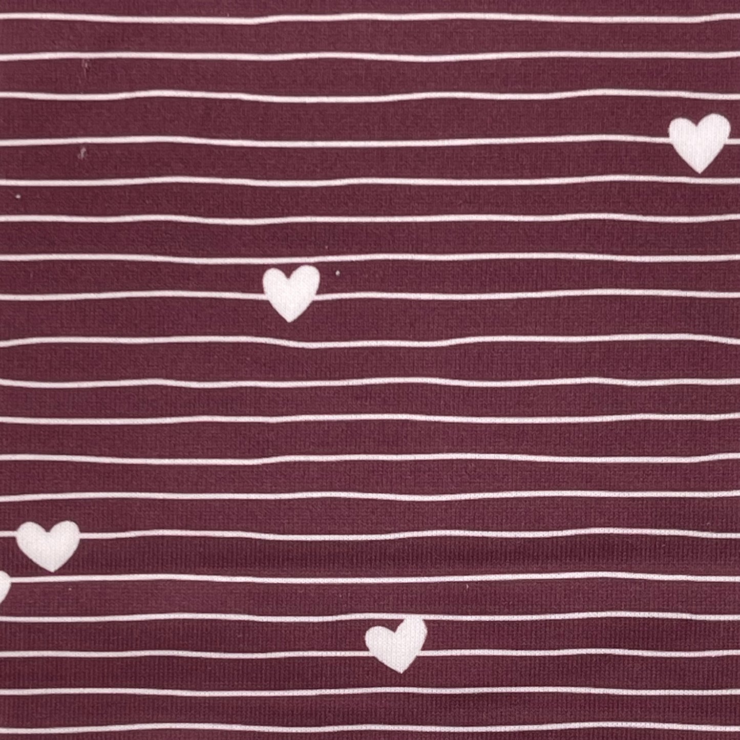 Line Hearts in Burgundy on Imitation Cotton Jersey Knit, Sold by the Half Yard