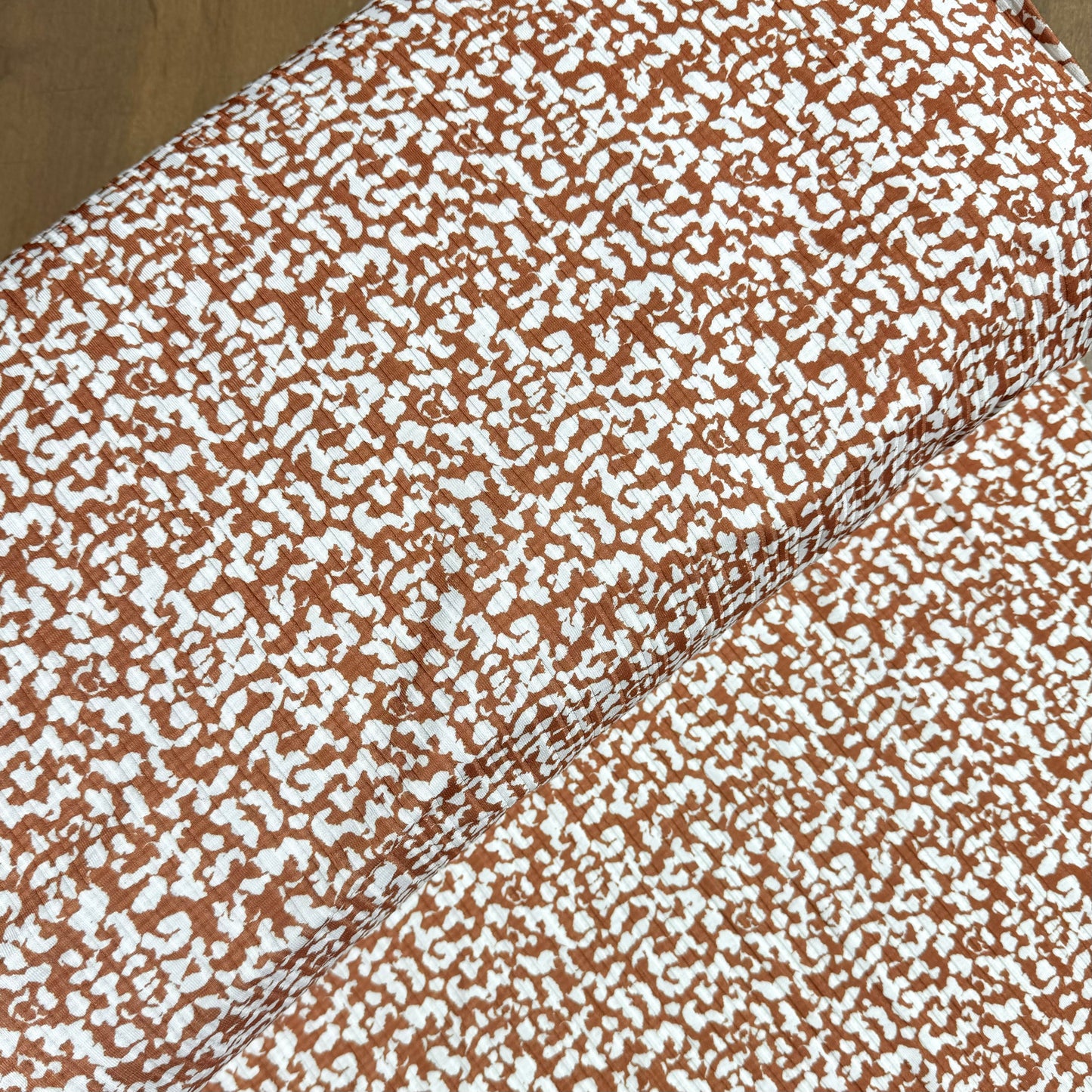 Vintage Abstract Print in Caramel on Summer Breeze Knit, Sold by the Half Yard