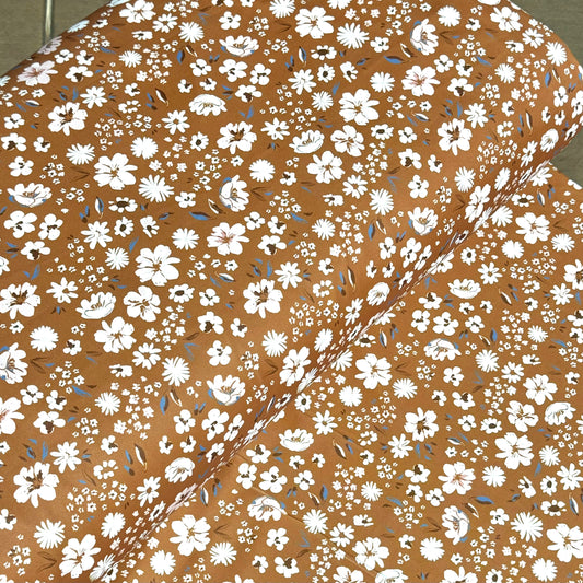 Iris Floral in Caramel on Eureka Jersey Knit, Sold by the Half Yard