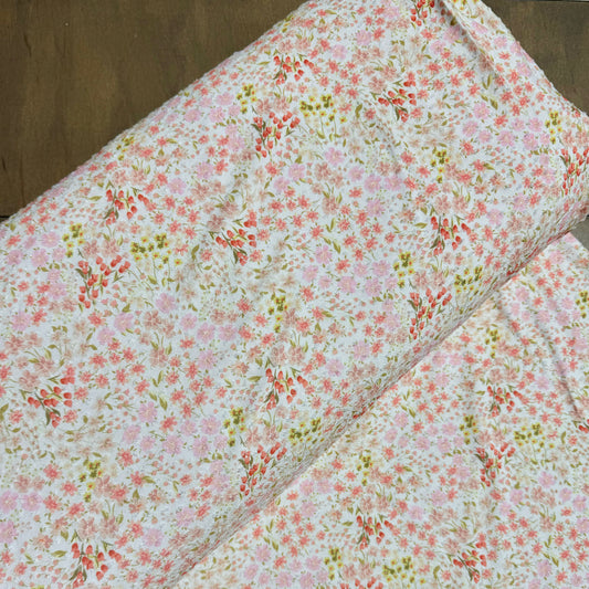 Arya Floral in Pink on Swiss Dot Knit, Sold by the Half Yard