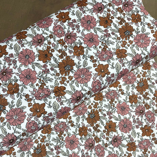 Boho Autumn Floral in Ivory on Eureka Jersey Knit, Sold by the Half Yard