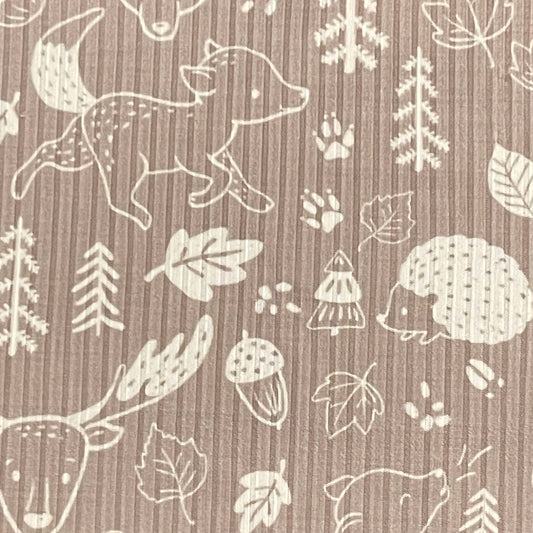 Woodland Print in Mushroom on Brushed Rib Knit, Sold by the Piece