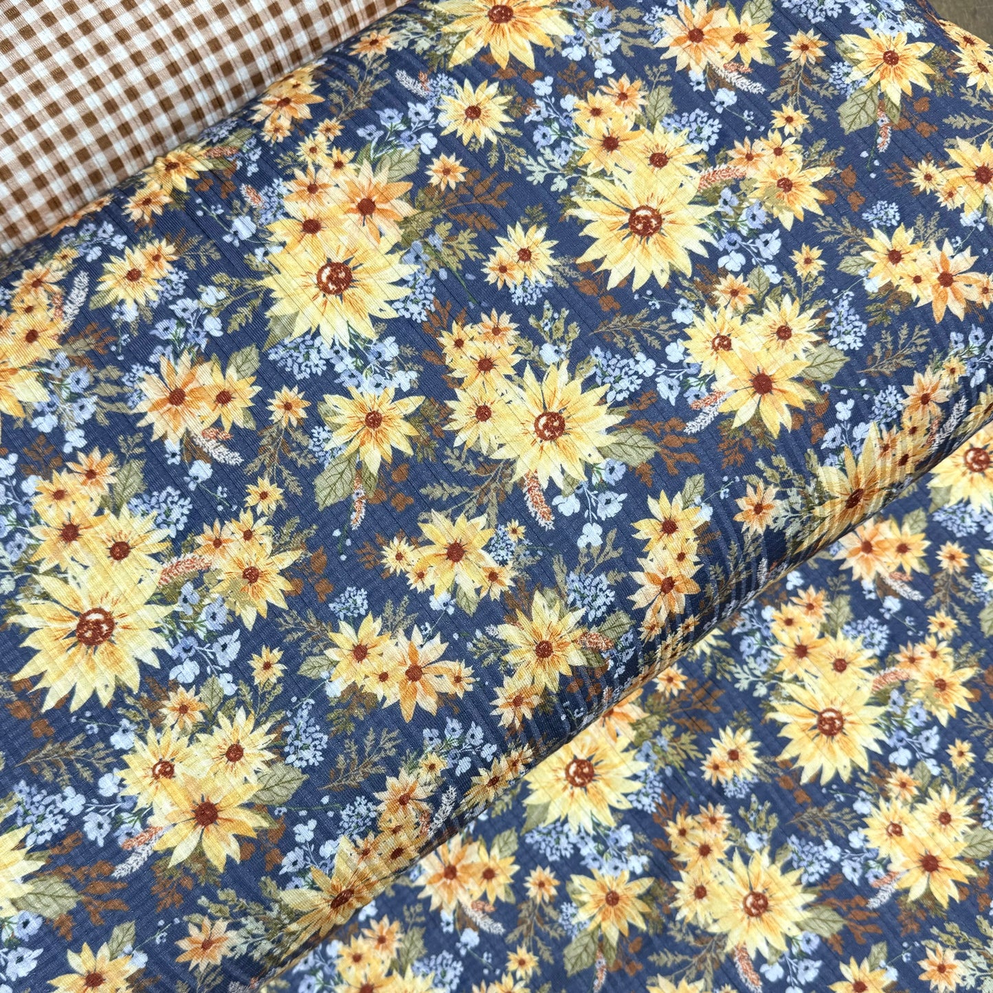 Sunflower Blooms in Navy on Summer Breeze Knit, Sold by the Half Yard