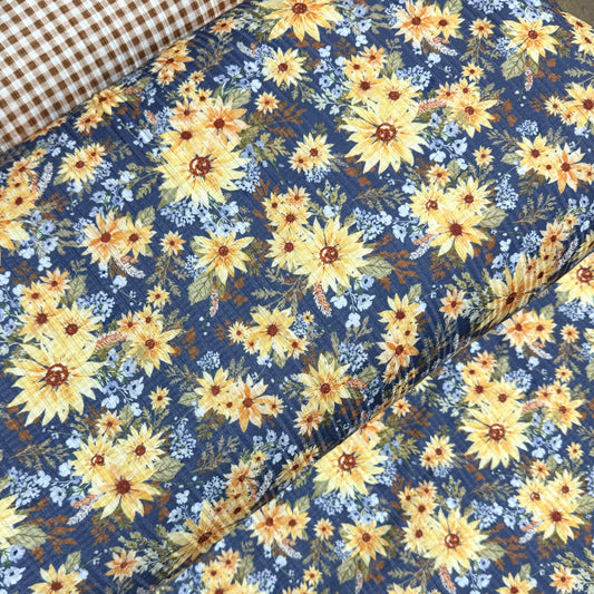 Sunflower Blooms in Navy on Summer Breeze Knit, Sold by the Half Yard