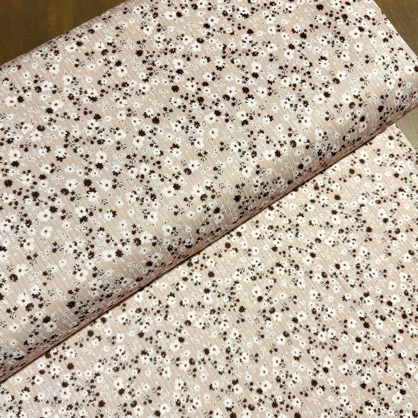 Bethany Floral in Beige on Calgary Rib Knit, Sold by the Half Yard