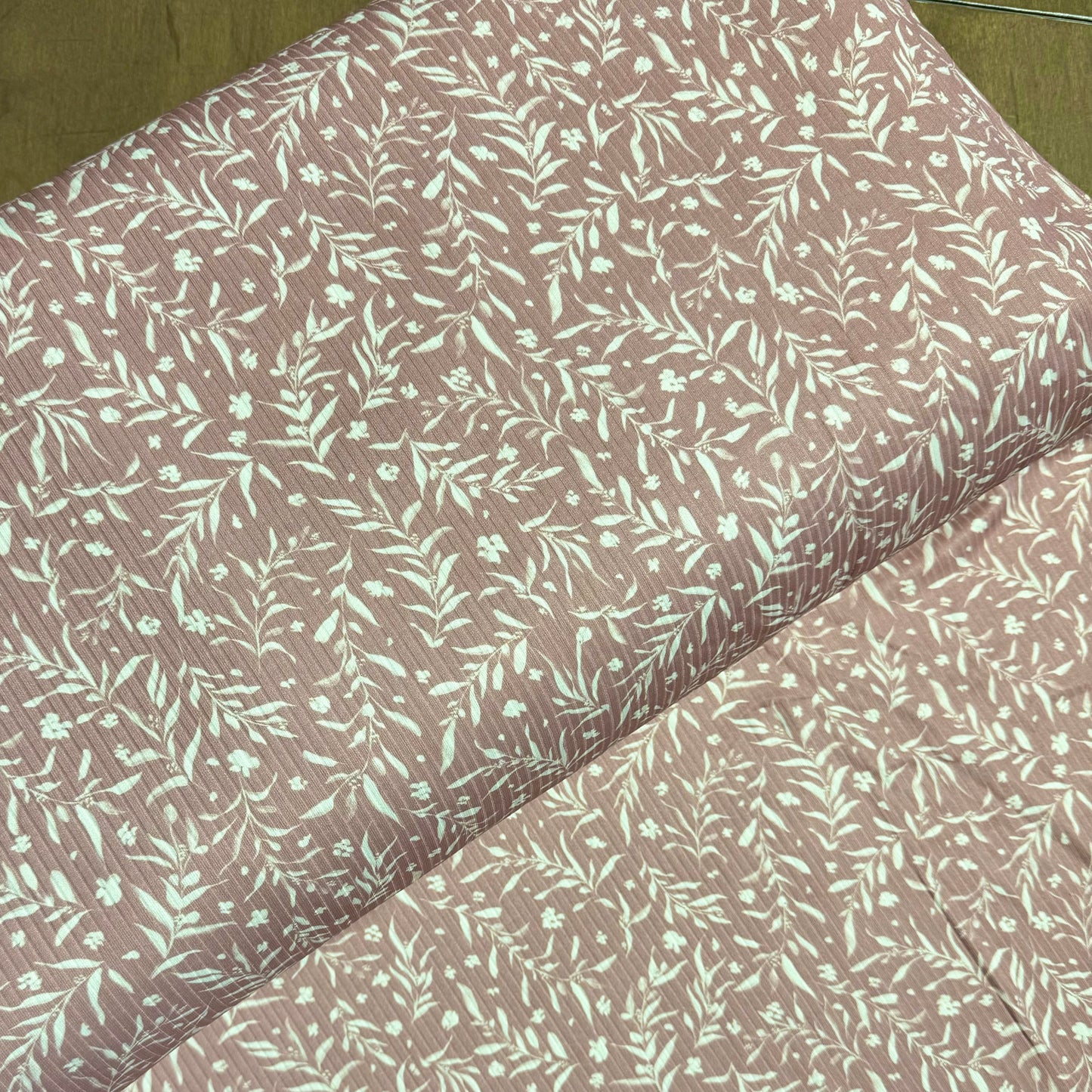 Leafy Branch Toss in Dusty Rose on Unbrushed Rib Knit, Sold by the Half Yard