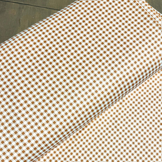 Berlin Gingham Plaid in Caramel on Eureka Jersey Knit, Sold by the Half Yard