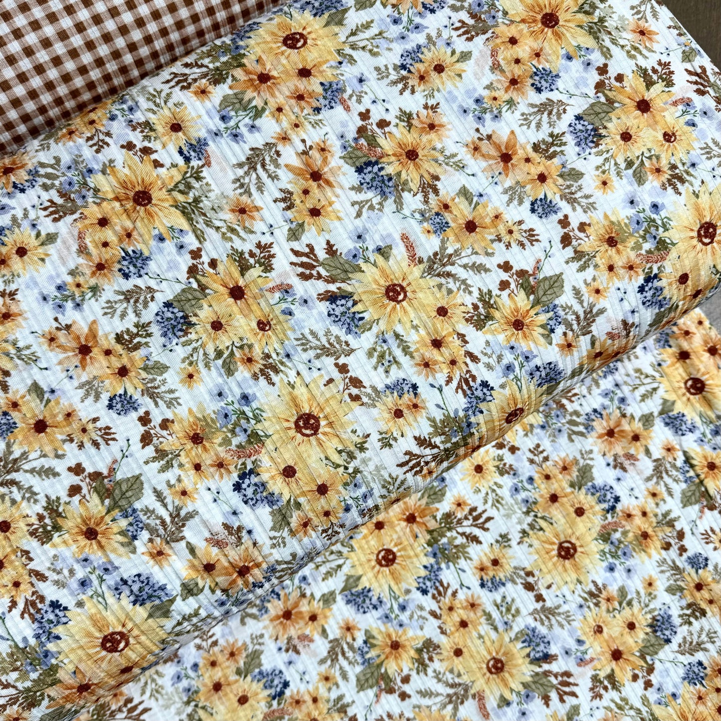 Sunflower Blooms in Cream on Summer Breeze Knit, Sold by the Half Yard