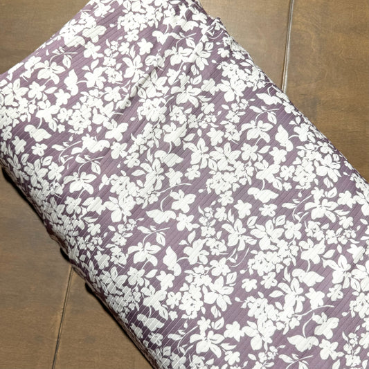 Taya Floral in Purple on Calgary Rib Knit, Sold by the Half Yard