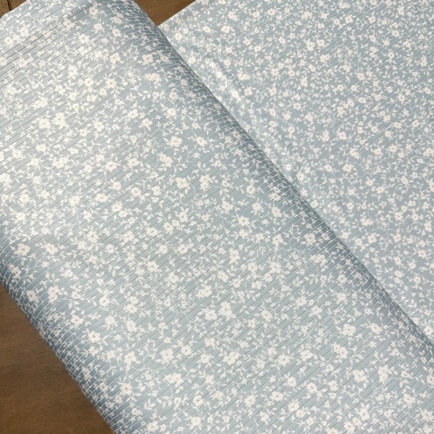 Alexandra Floral in Spring Blue on Calgary Rib Knit, Sold by the Half Yard
