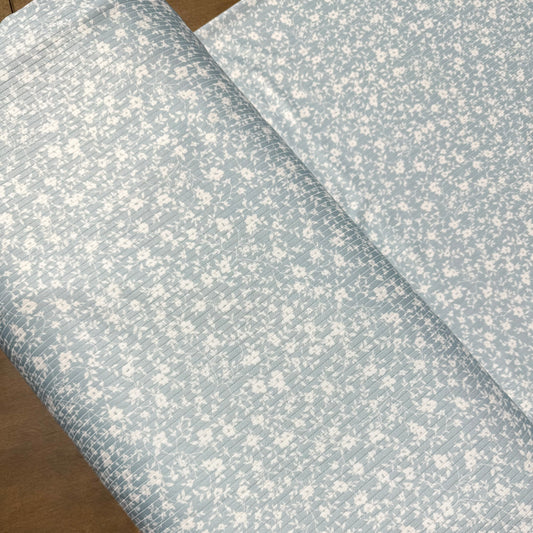 Alexandra Floral in Spring Blue on Calgary Rib Knit, Sold by the Half Yard