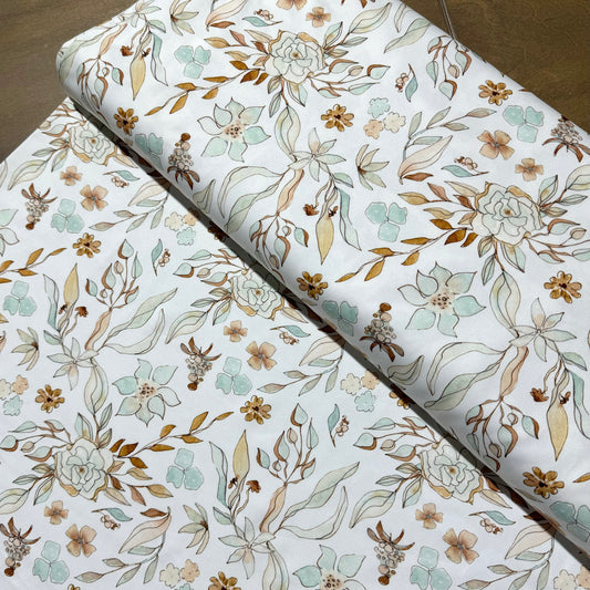 Frosted Floral in White on Imitation Cotton Jersey Knit, Sold by the Half Yard