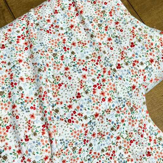 Juliette Floral in Red on Unbrushed Rib Knit, Sold by the Half Yard