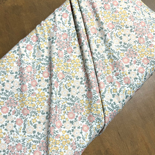 Emmie Floral in White on Eureka Jersey Knit, Sold by the Half Yard