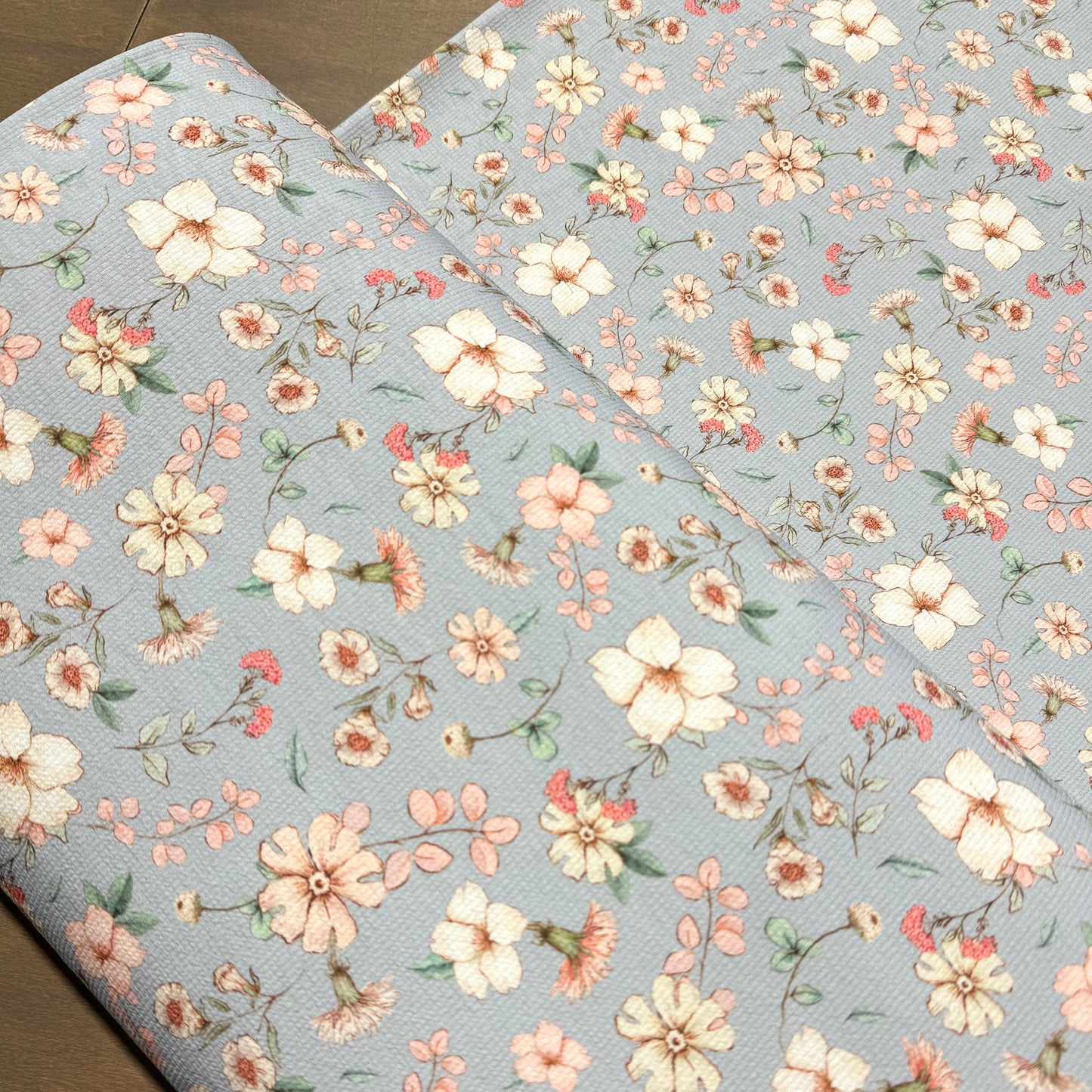 Annaleise Floral in Blue on Pebble Stone Knit, Sold by the Half Yard