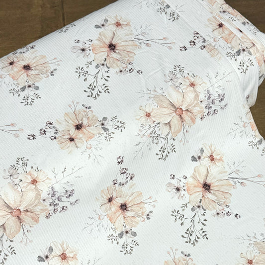 November Floral in White on Unbrushed Rib Knit, Sold by the Half Yard