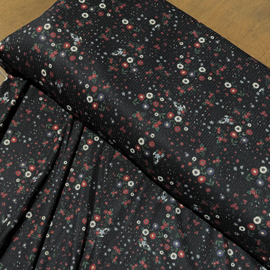 Yara Floral in Black on Unbrushed Rib Knit, Sold by the Half Yard