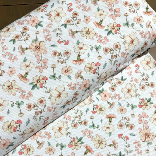 Annaleise Floral in White on Pebble Stone Knit, Sold by the Half Yard