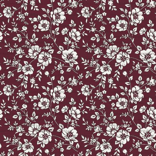 Kezie Floral in Burgundy on Imitation Cotton Jersey Knit, Sold by the Half Yard