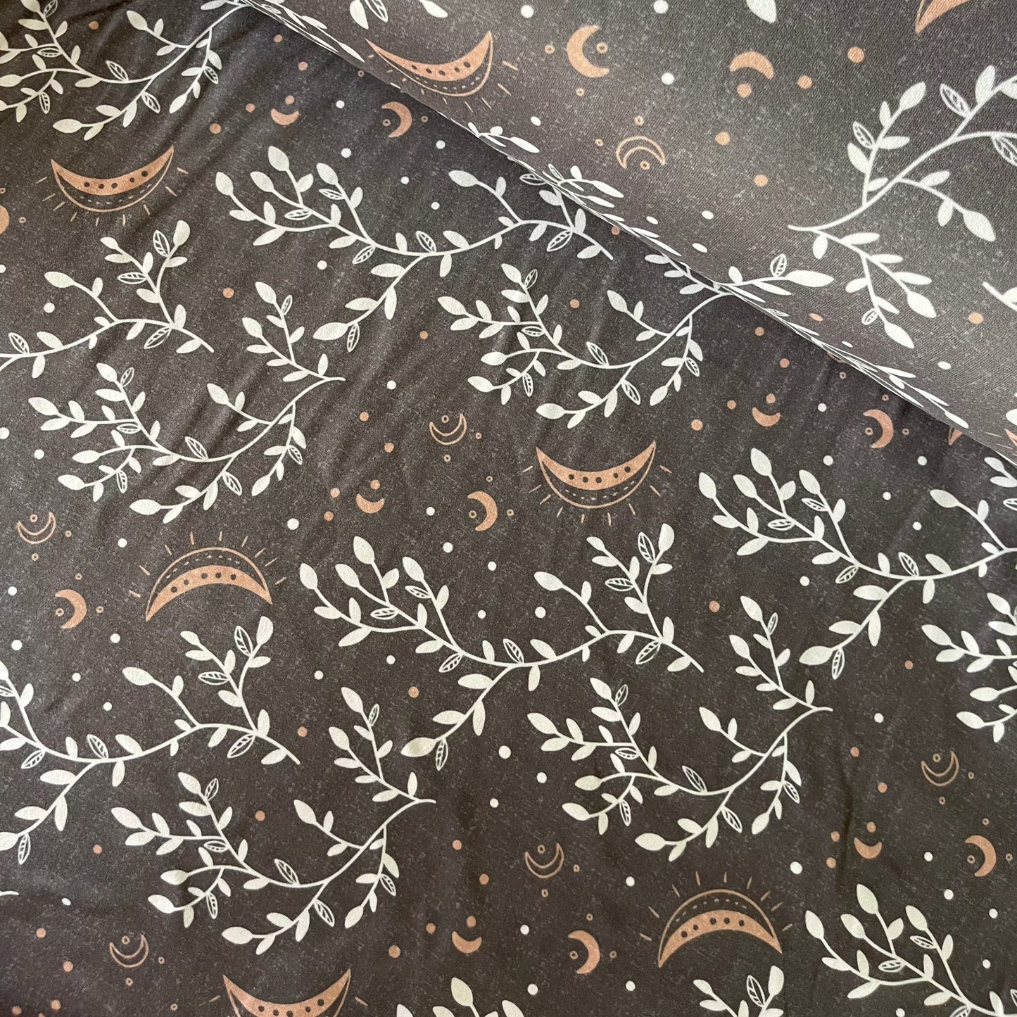 Moon and Stars Floral in Green on Double Brushed Poly, Sold by the Half Yard